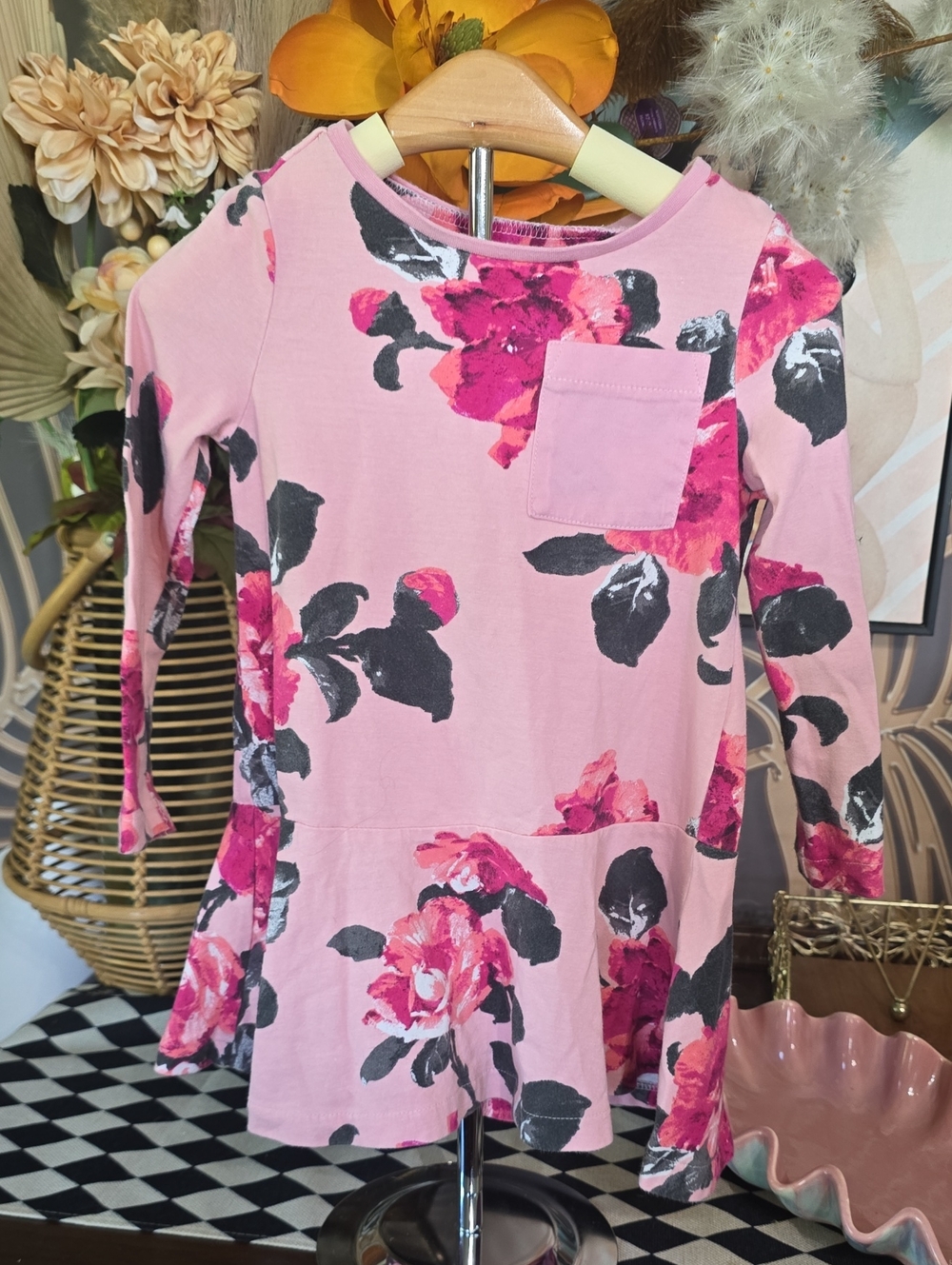 Girls Joules Pink Floral Long-Sleeve Rose Dress 4 4t